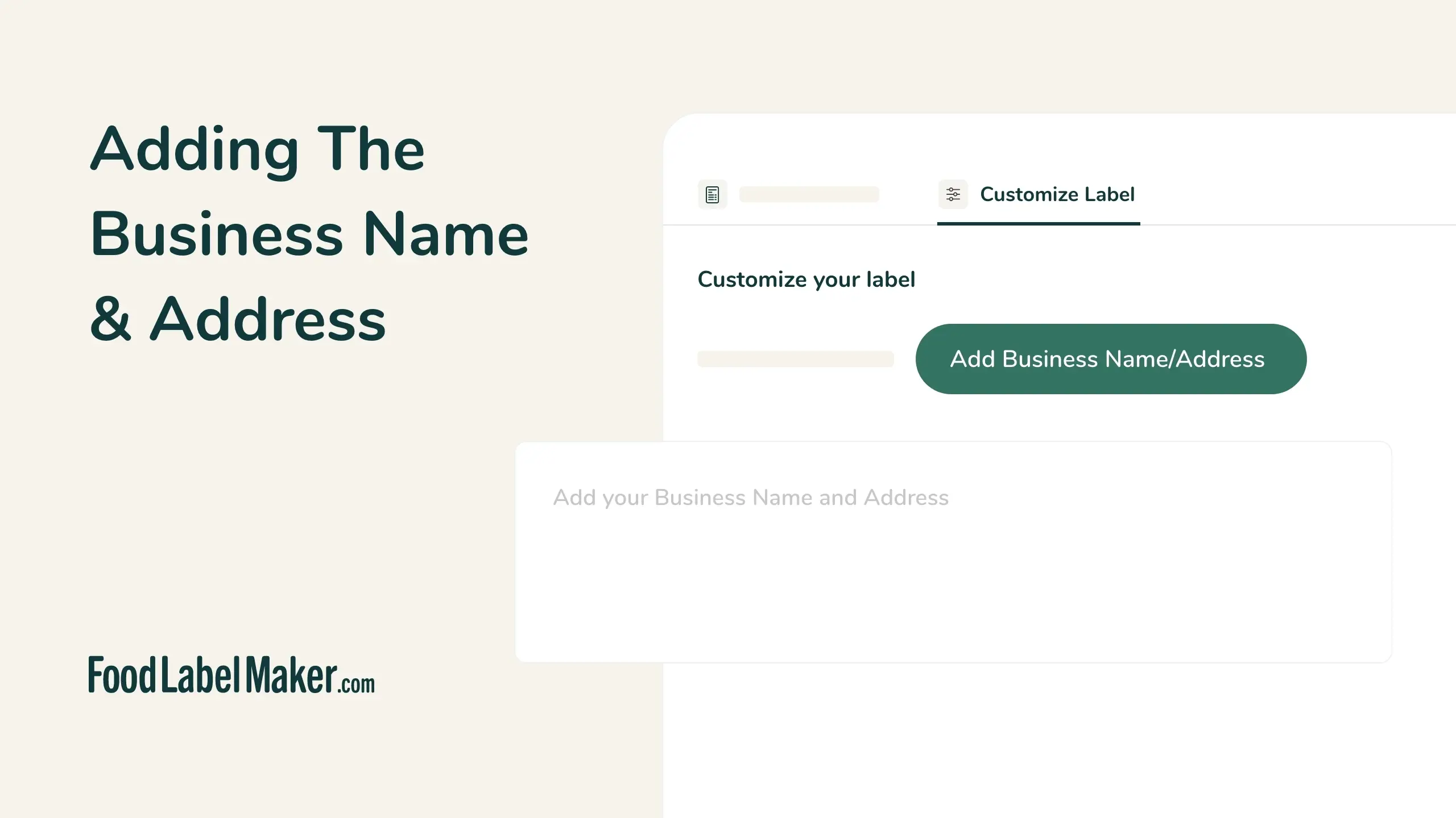 Food Label Maker label customization screen with Add Business Name/Address button and text input field