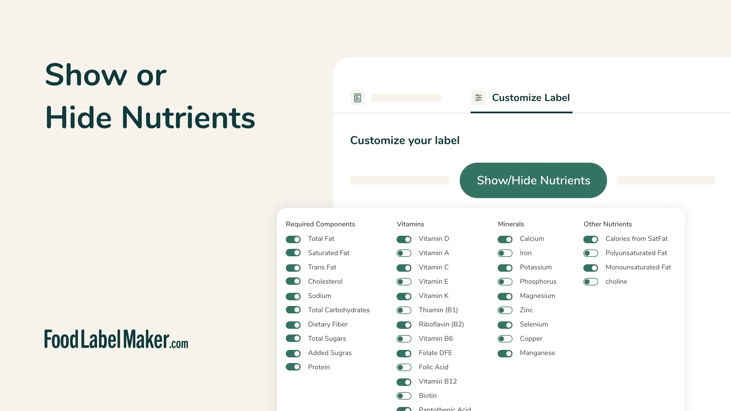 Food Label Maker label customization panel with toggle controls to show or hide required nutrients, vitamins, and minerals