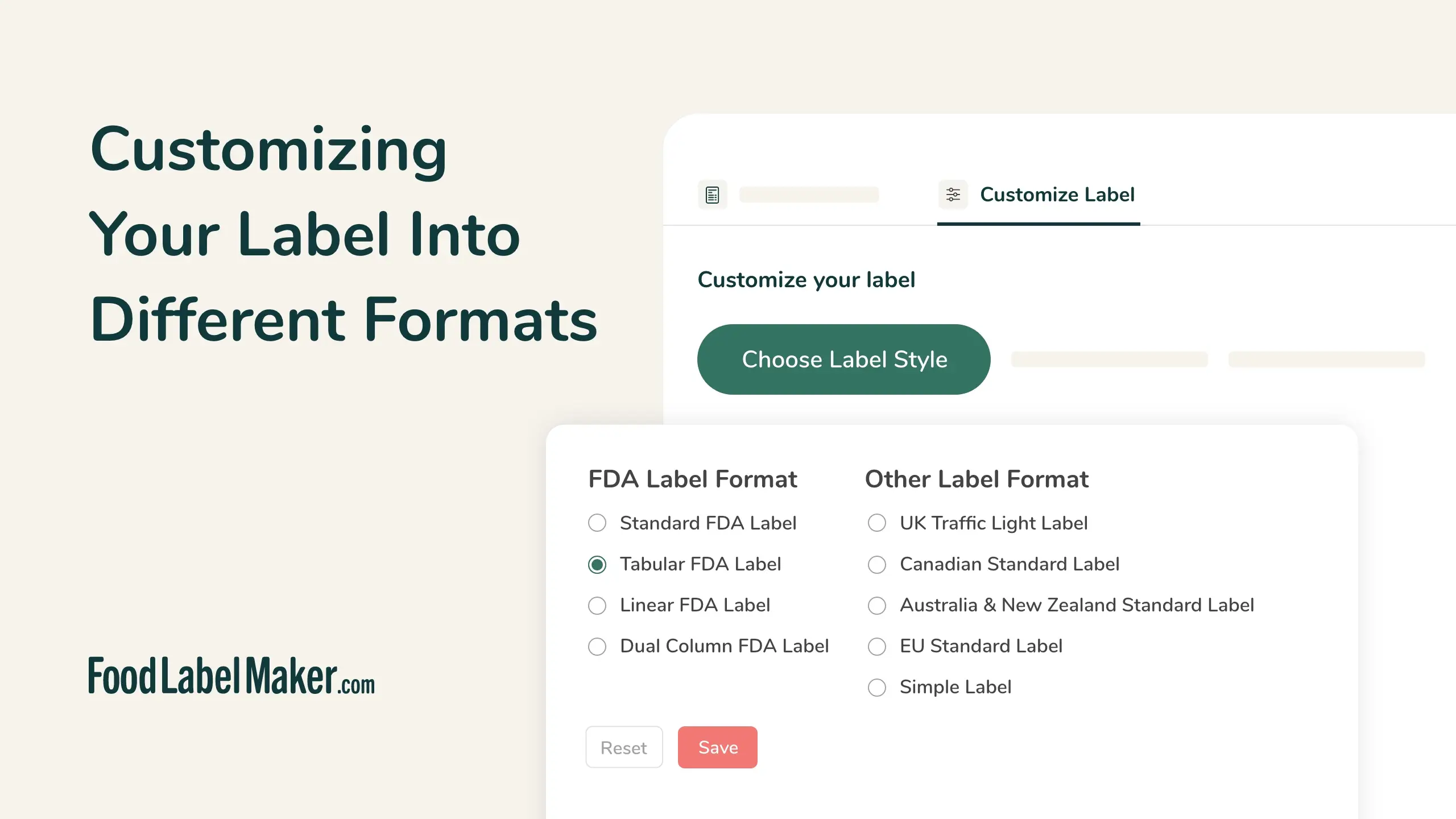 Food Label Maker label format selector with FDA options (Tabular, Linear, Dual Column) and EU, Canadian, UK label formats