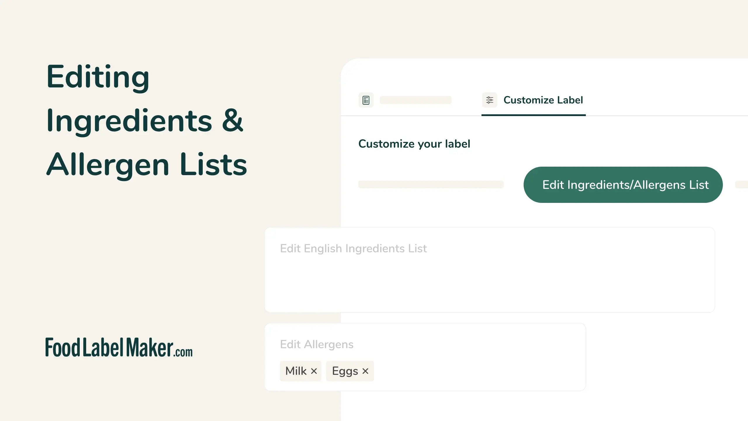 Food Label Maker interface for editing ingredient list and allergen declarations with Milk and Eggs allergen tags