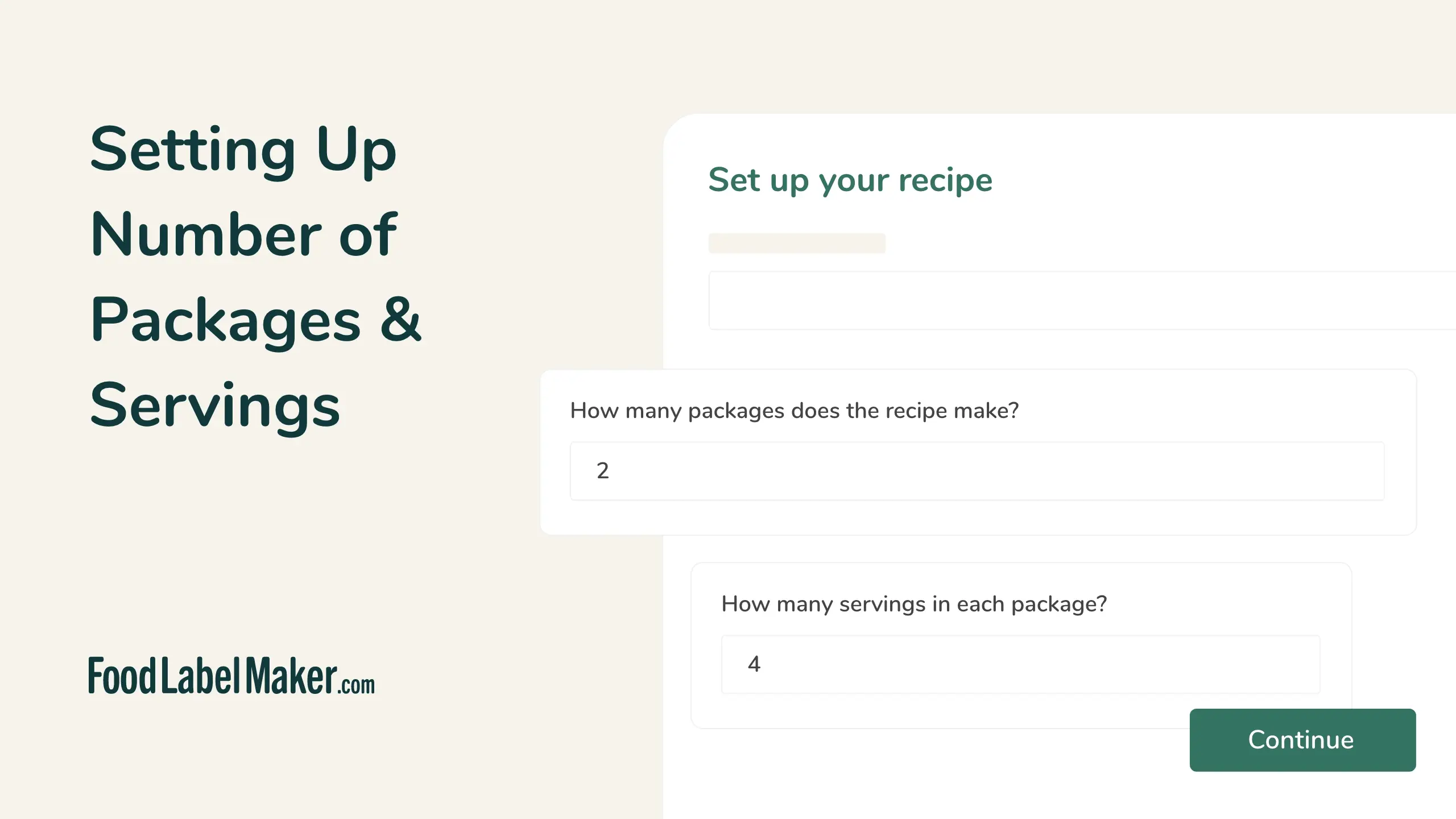 Food Label Maker recipe setup screen for configuring packages and servings per package for nutrition label calculation