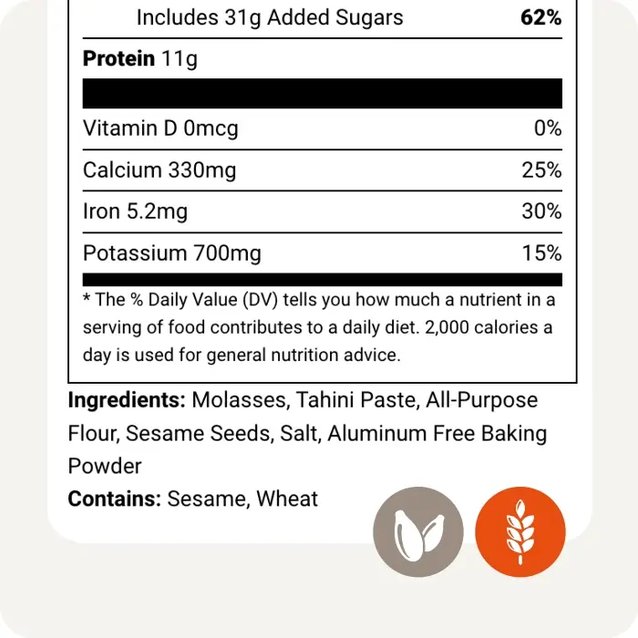A nutrition facts label showing an automated ingredient statement with clear allergen disclosures and visual icons for sesame and wheat.