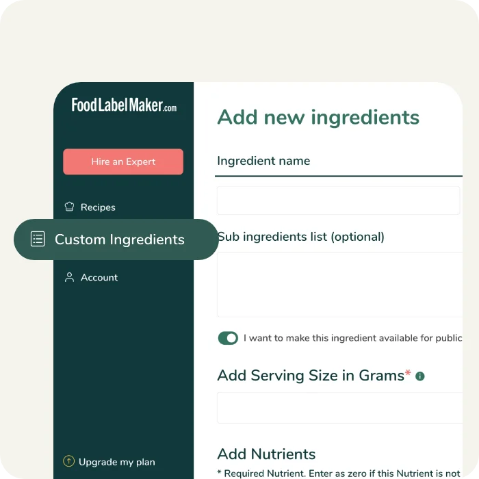 The "Add new ingredients" software interface allowing users to input custom ingredients and sub-ingredients for precise nutrition labeling.