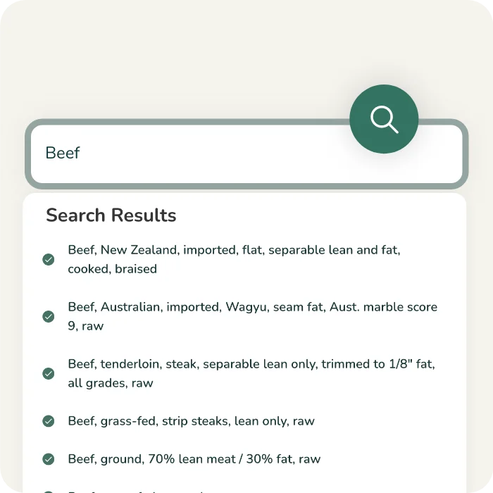 A search function showing specific beef cuts from a verified ingredient database used for accurate nutritional analysis.