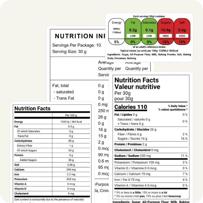 A variety of customizable nutrition label formats, including a UK traffic light label, bilingual nutrition facts panel, and standard vertical layouts.