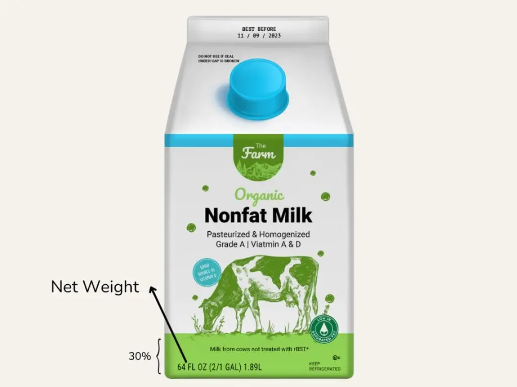 Net weight illustrated on a carton of non-fat milk