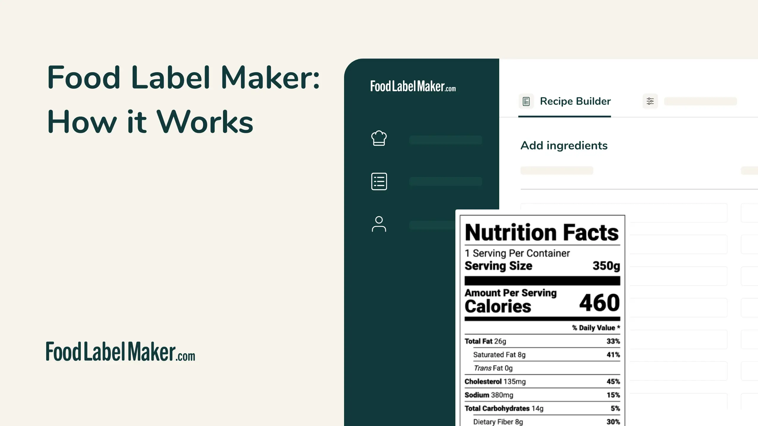 Food Label Maker how it works: Recipe Builder interface alongside generated FDA Nutrition Facts panel (460 calories)