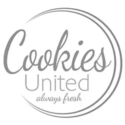 Cookies United circular logo in script font with tagline 'always fresh'
