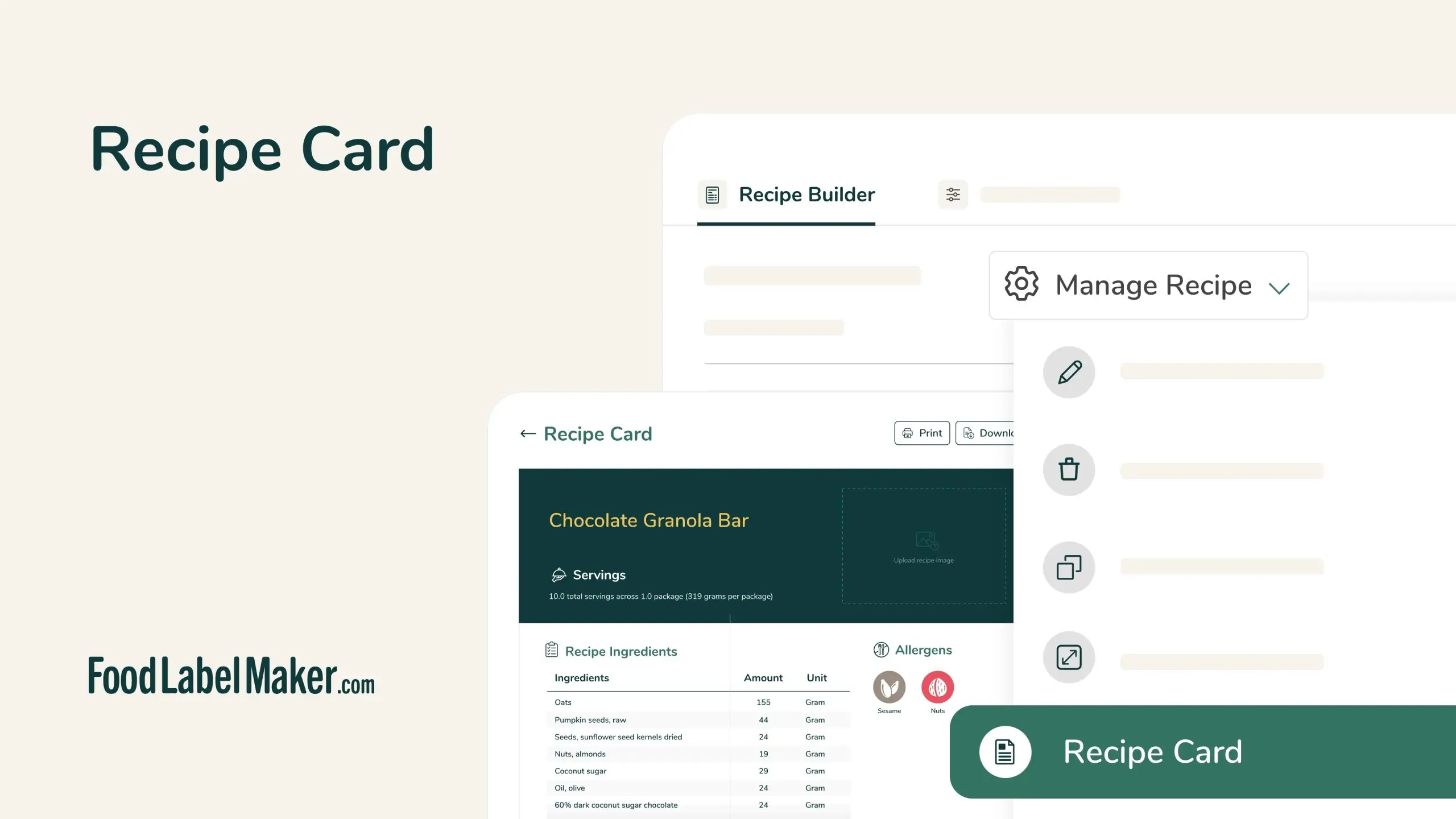 Food Label Maker recipe card feature showing recipe builder with ingredient list and allergen icons