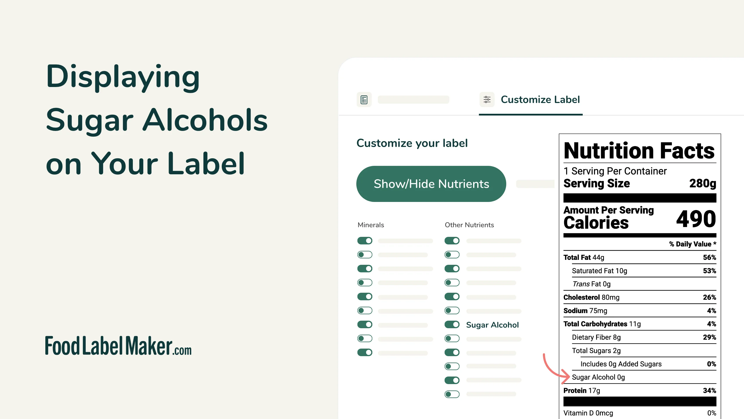 Food Label Maker customize label panel showing sugar alcohol toggle and FDA Nutrition Facts panel