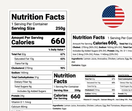 FDA Nutrition Facts label formats showing 660-calorie serving with full ingredient list and daily values