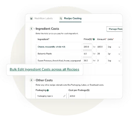 Food Label Maker recipe costing interface showing ingredient price table and packaging cost input