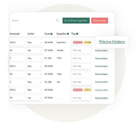 Food Label Maker ingredient cost database showing supplier tags, unit pricing, and pricing history links
