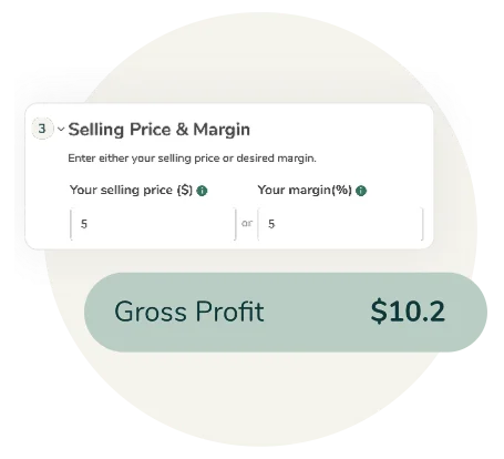 Food Label Maker selling price and margin calculator showing gross profit calculation for recipe costing