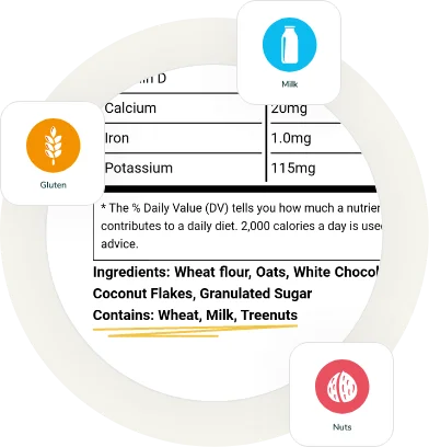 Food Label Maker allergen detection highlighting gluten, milk, and tree nuts in Nutrition Facts panel and ingredient list