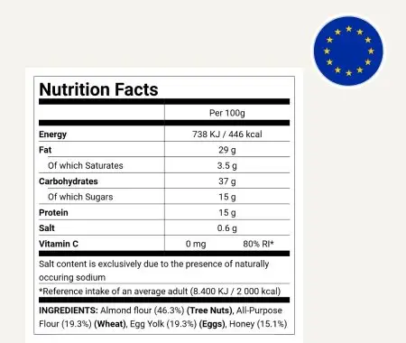EU FIC Nutrition Facts panel per 100g with allergen-highlighted ingredient list and EU emblem