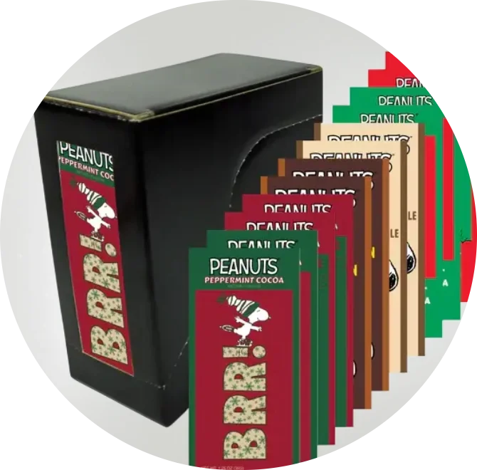 Peanuts brand peppermint cocoa seasonal product packaging showing multiple label design variants