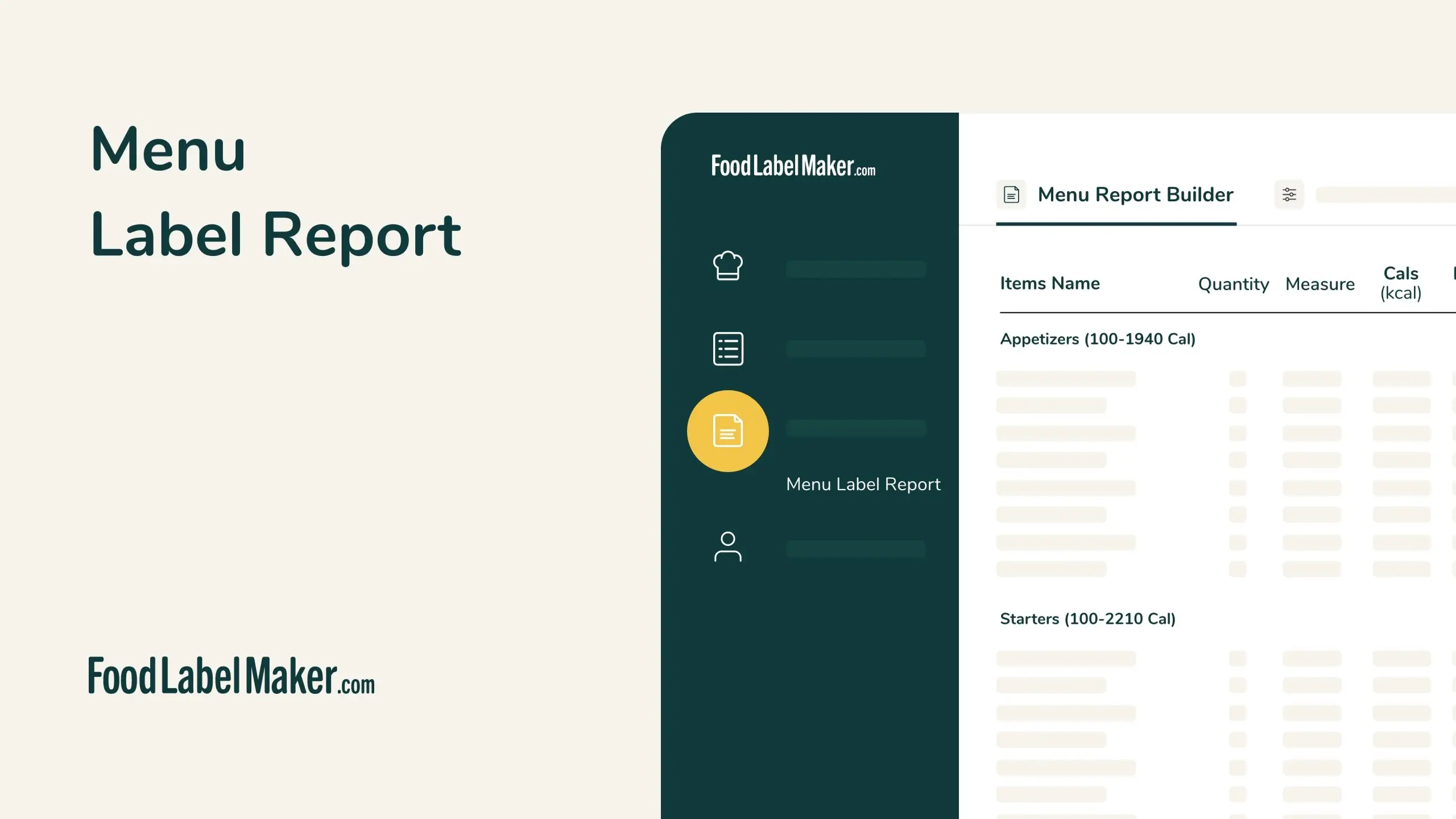 Food Label Maker Menu Label Report feature with calorie-range menu report builder dashboard