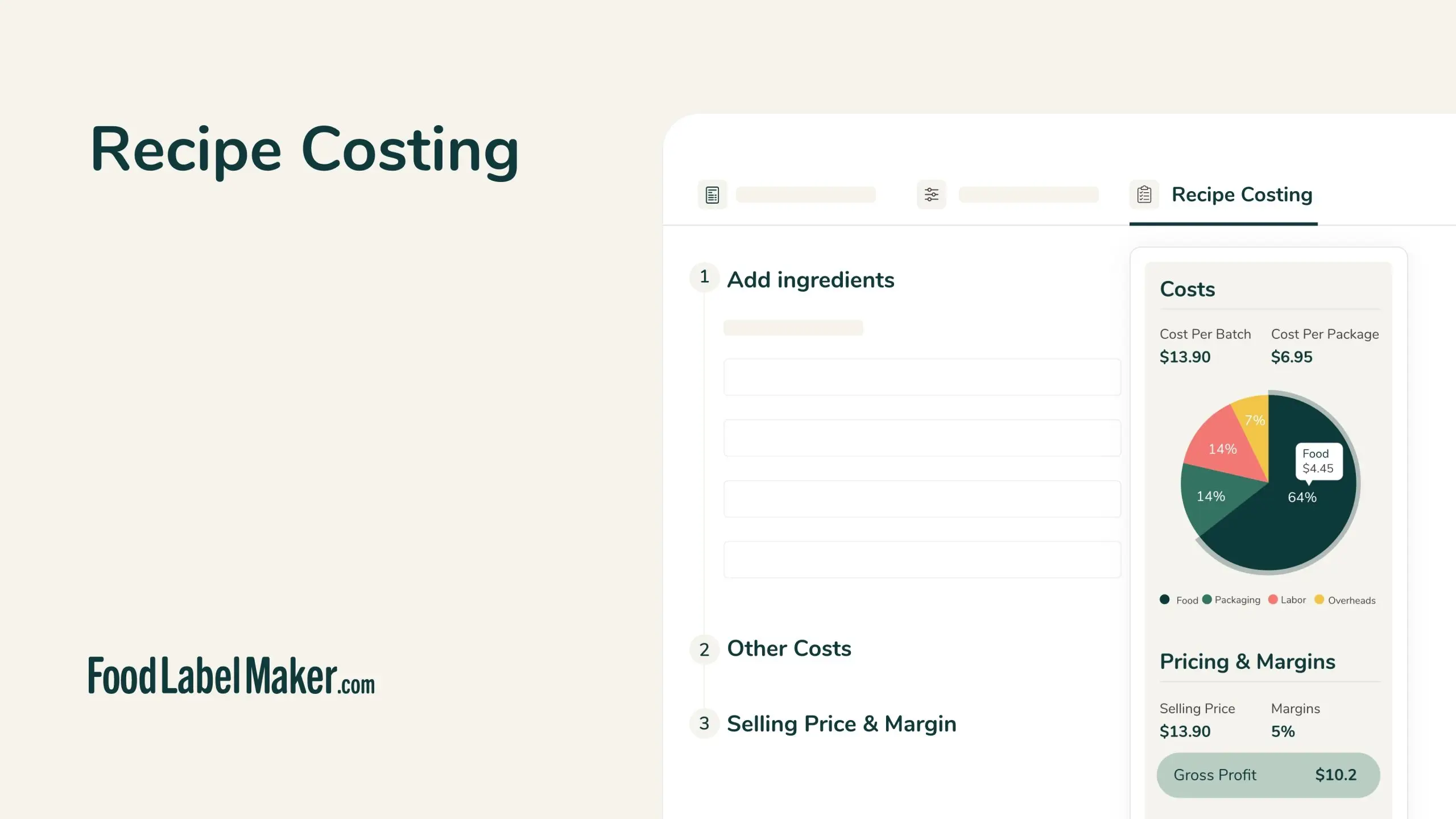 Food Label Maker recipe costing feature with cost-per-batch breakdown, pie chart, and gross profit margin
