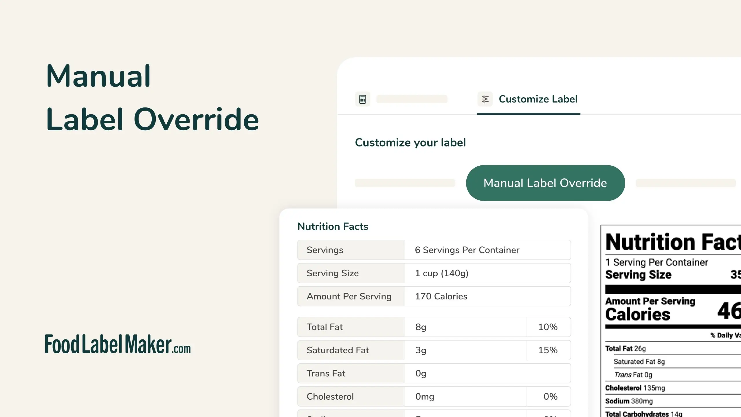 Food Label Maker manual label override showing customizable nutrient data alongside generated Nutrition Facts panel