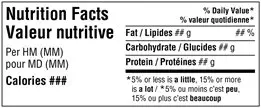 Étiquette bilingue en format horizontal simplifié noir et blanc affichant un minimum d’informations nutritionnelles en disposition horizontale, en anglais et en français.