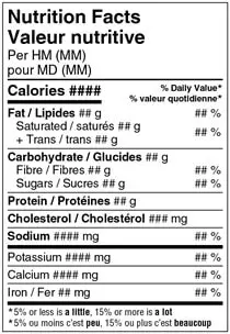 Étiquette nutritionnelle au format standard bilingue noir et blanc affichant les détails nutritionnels en anglais et en français.
