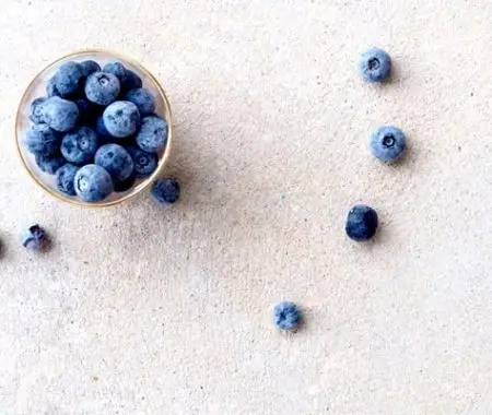 Fresh blueberries in a small bowl on stone surface with scattered berries
