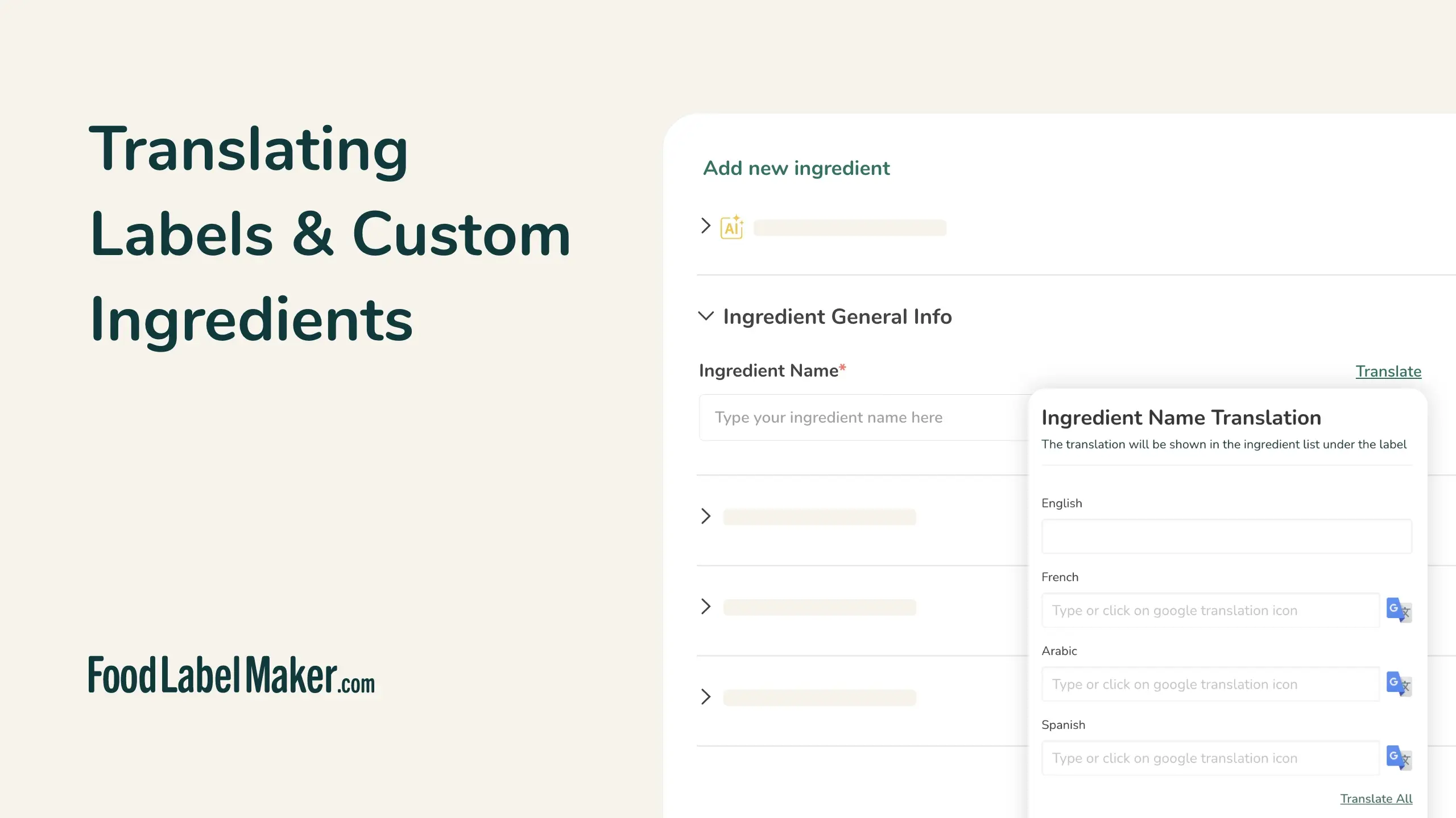 FoodLabelMaker ingredient name translation panel with English, French, Arabic, and Spanish fields