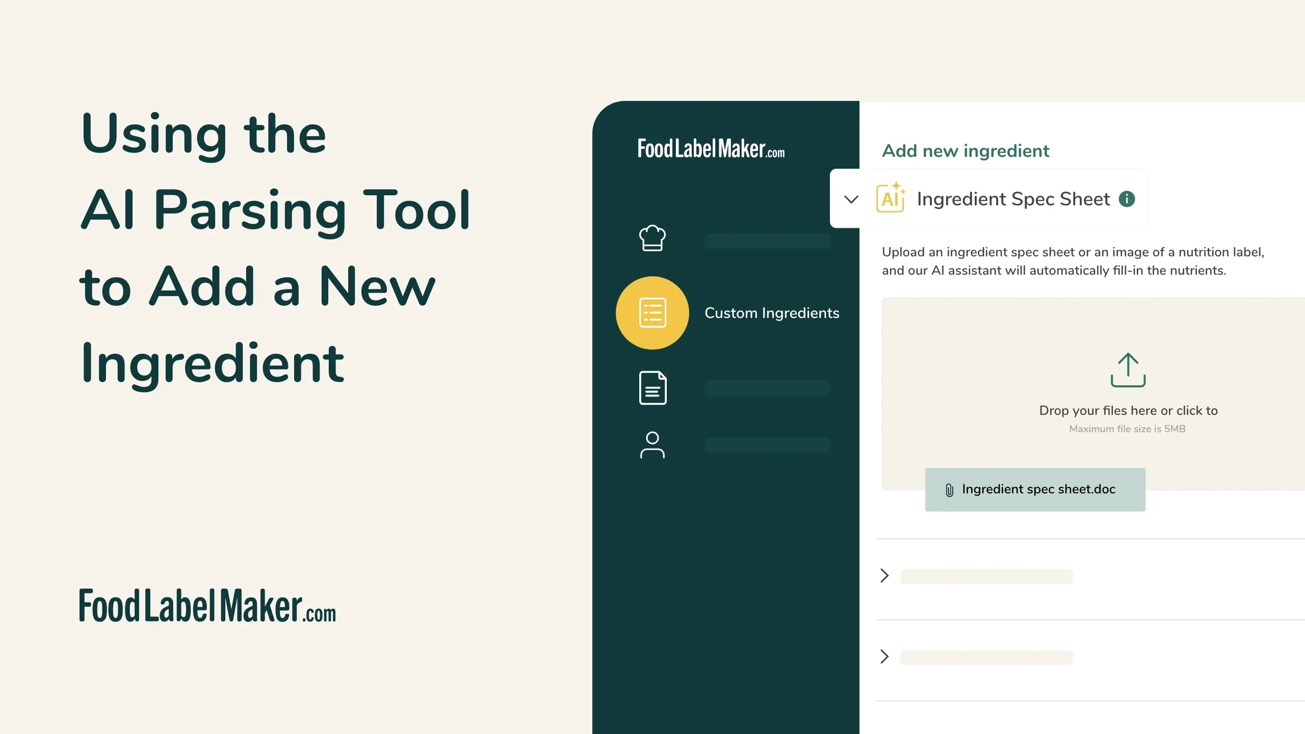 FoodLabelMaker AI ingredient spec sheet parsing tool for uploading documents to auto-fill nutrient data
