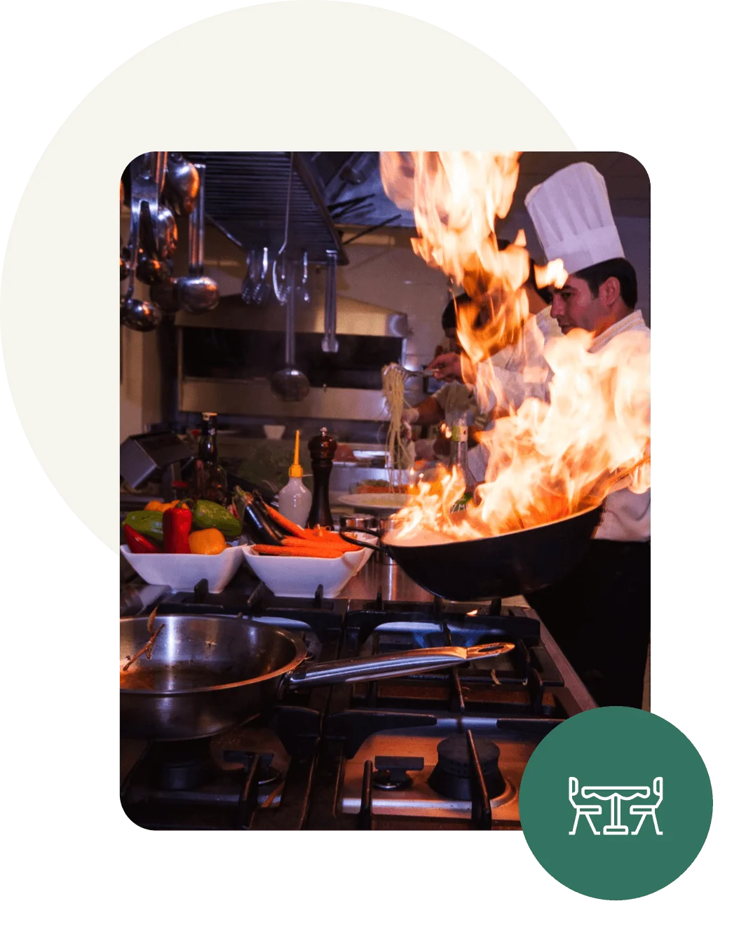 Food Label Maker chef user persona with commercial kitchen cooking scene and food service icon badge