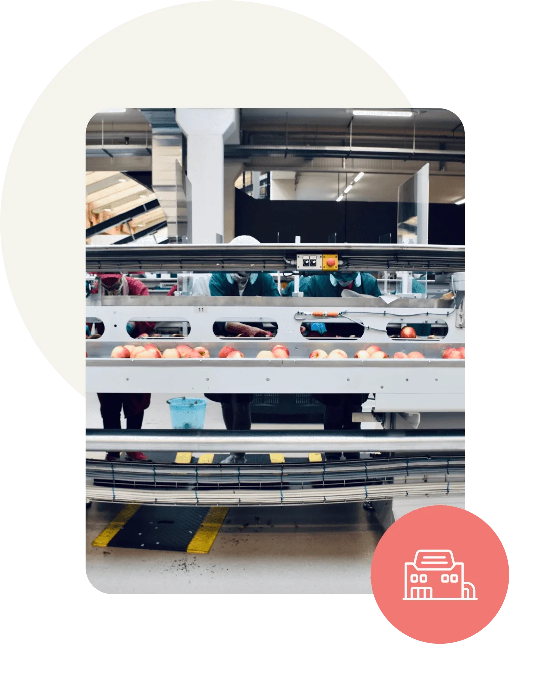 Food Label Maker food manufacturer user persona with factory conveyor belt illustration and retail icon badge
