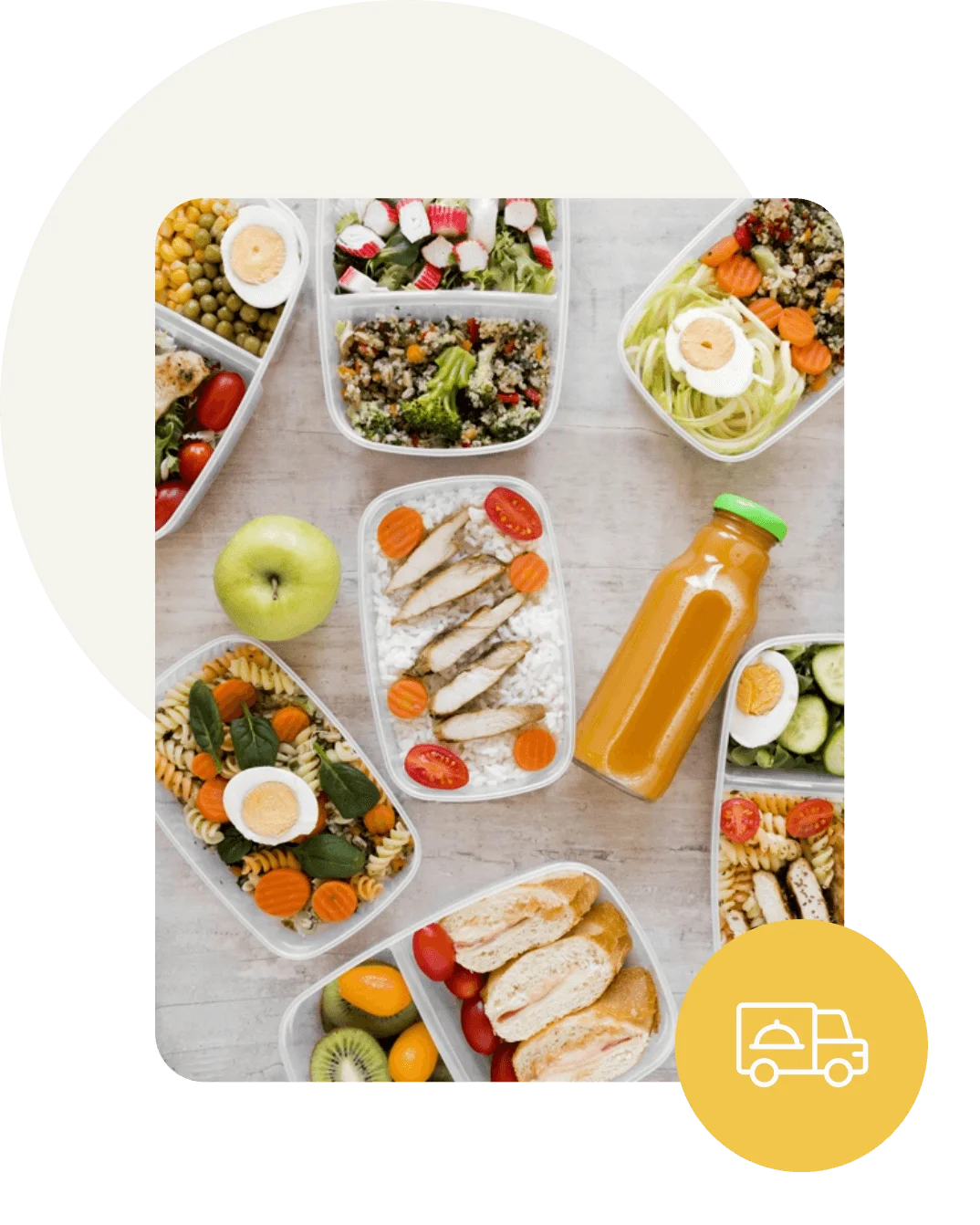 Food Label Maker meal prep user persona with overhead view of portioned meal containers and delivery icon badge