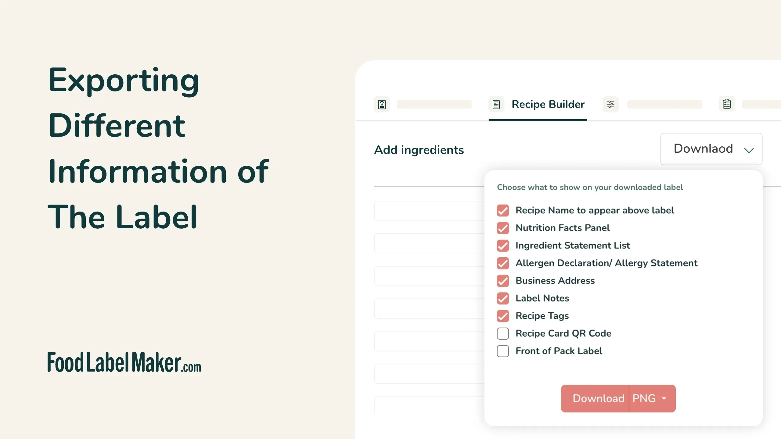 Food Label Maker export panel for selecting label components: Nutrition Facts, ingredient list, allergen declaration
