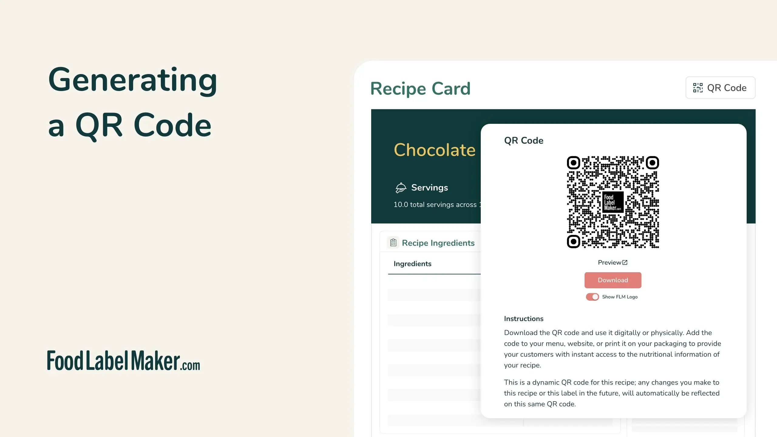 Food Label Maker QR code generator for recipe card, showing downloadable dynamic QR code with FLM logo option