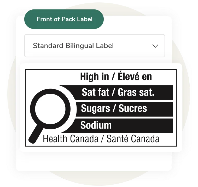 Standard bilingual front-of-pack label by Health Canada showing high levels of saturated fat, sugars, and sodium.