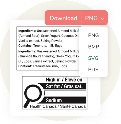 An editable Canadian nutrition label with downloadable formats including PNG, SVG, BMP, and PDF for front-of-pack compliance.