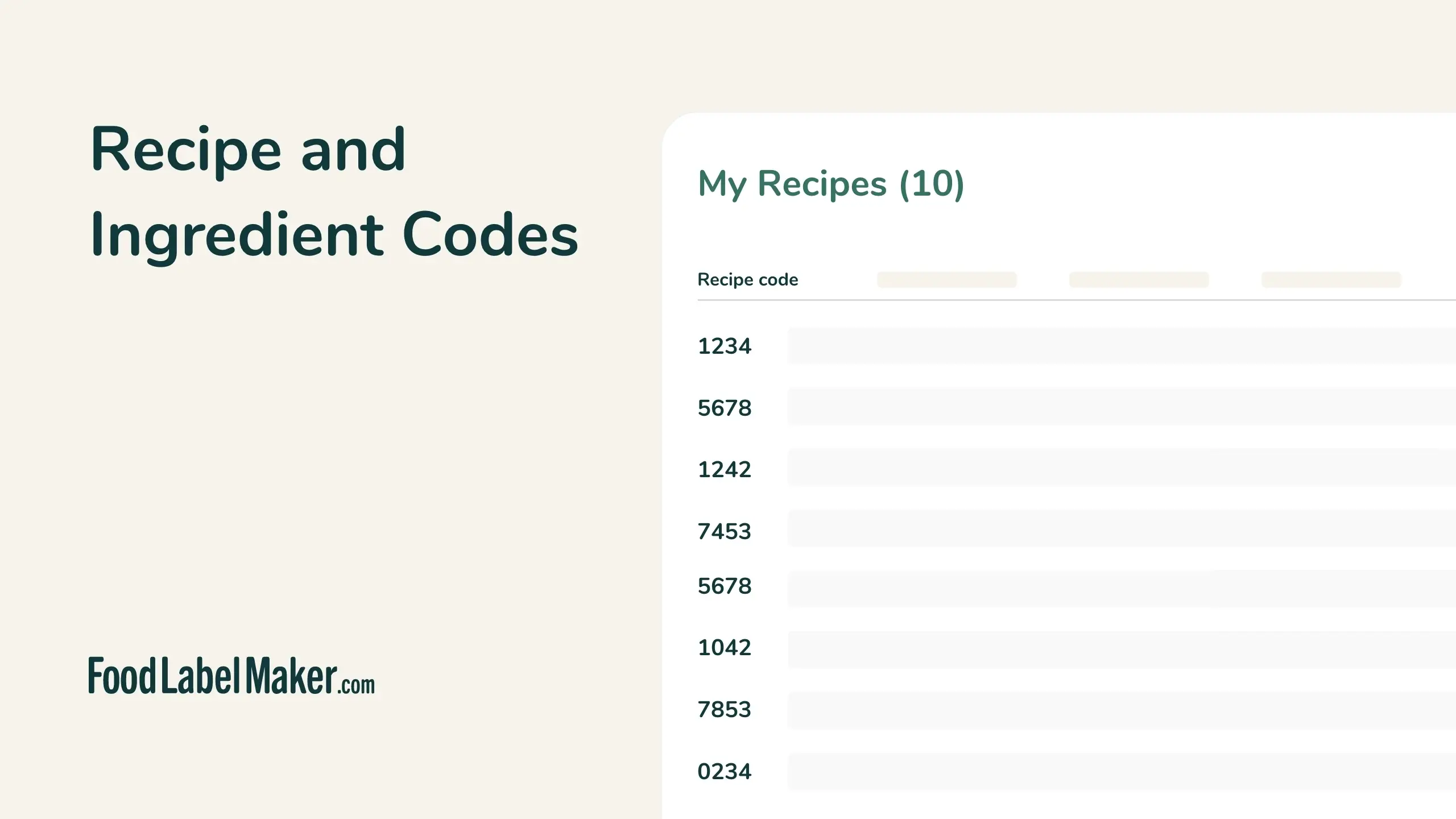 Food Label Maker recipe management list showing recipe codes assigned to 10 recipes for inventory tracking