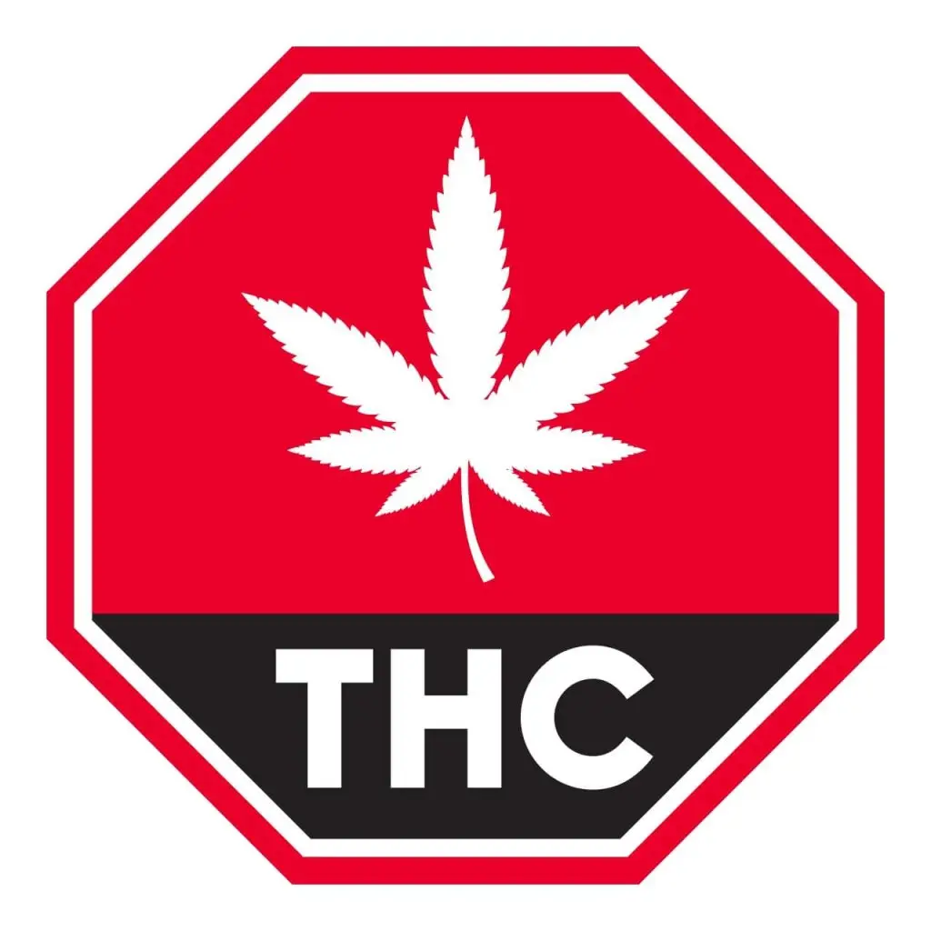 Le symbole standardisé du cannabis de Santé Canada affichant un panneau d’arrêt rouge avec une feuille de cannabis blanche et « THC » en dessous.