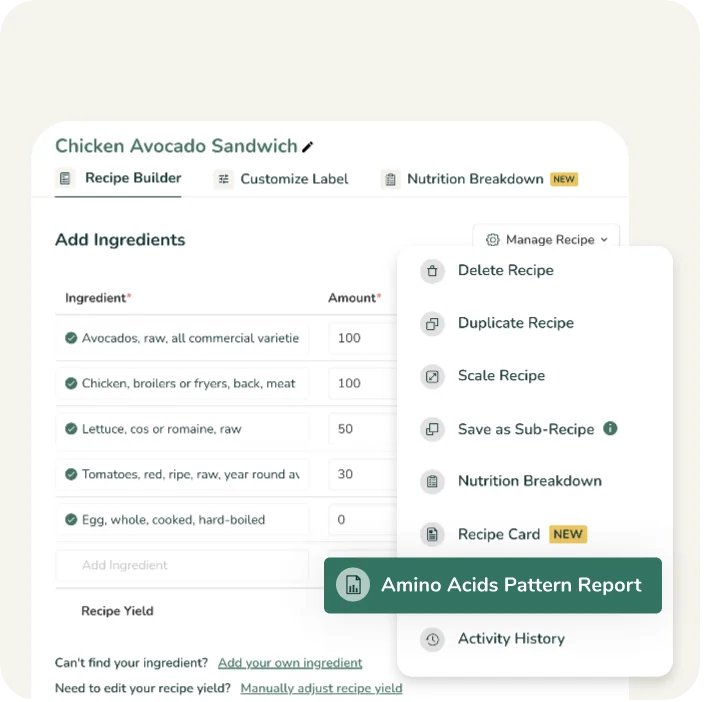A recipe management dropdown menu highlighting the amino acids pattern report feature for analyzing protein quality.