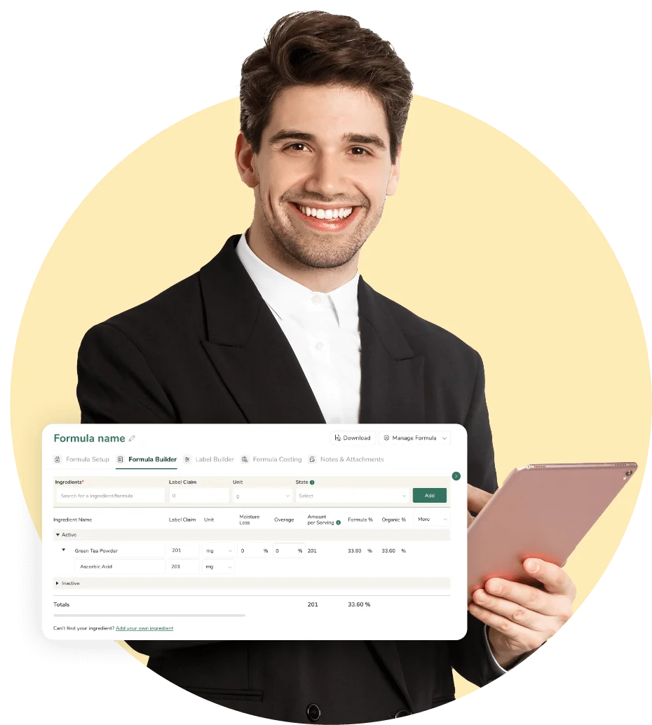 Regulatory Affairs Specialist using supplement formula builder software on a tablet to ensure compliance.