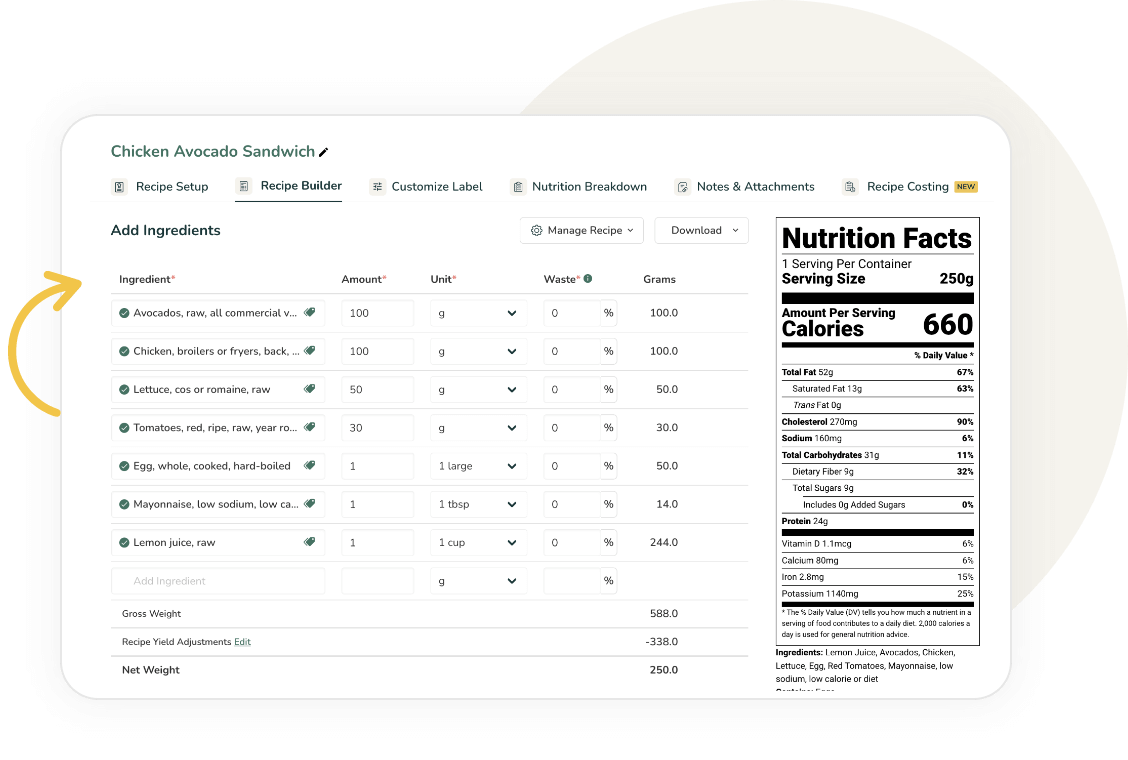 Recipe builder interface for Chicken Avocado Sandwich showing ingredient list with quantities and nutrition facts panel displaying 660 calories per 250g serving