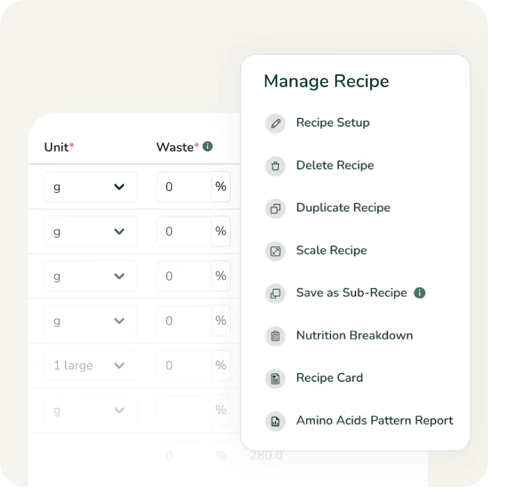 A recipe management dropdown menu displaying options to delete, scale & duplicate recipes or generate nutrition breakdown reports.