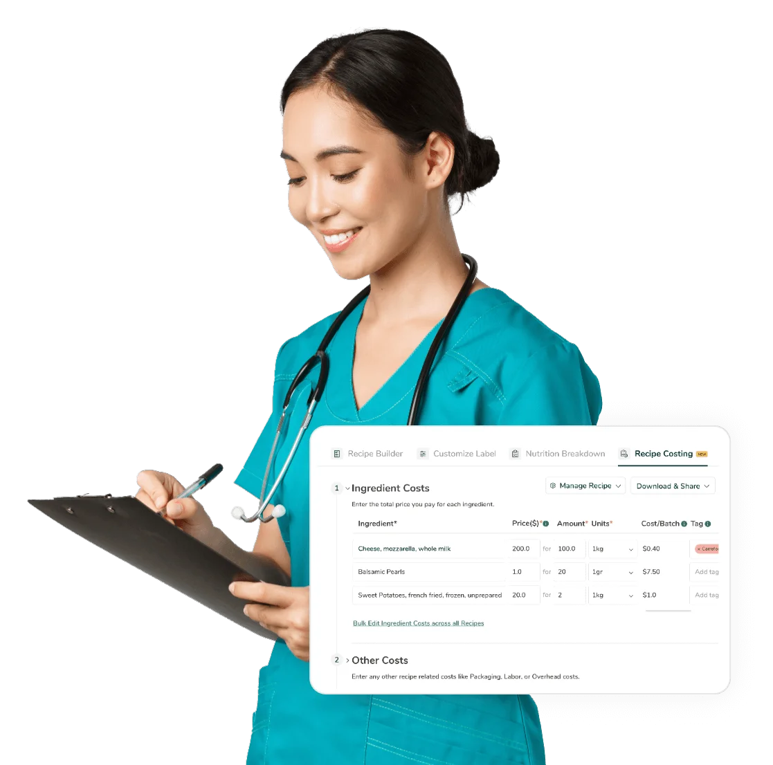 Healthcare professional writing on clipboard with Food Label Maker Recipe Costing ingredient cost table overlay