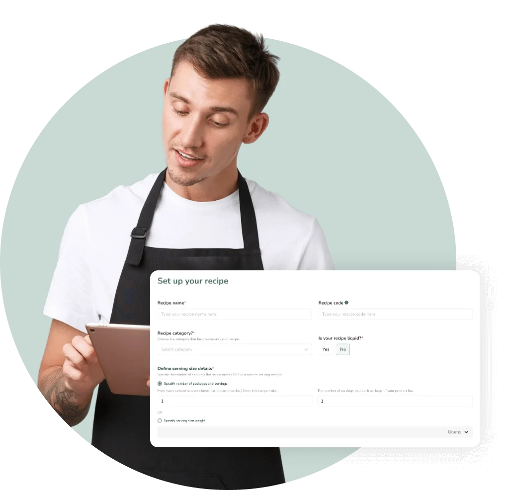 Food professional in apron with Food Label Maker recipe setup form showing name, category, and serving size configuration