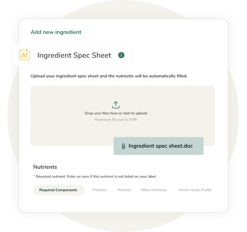 Food Label Maker AI-powered Ingredient Spec Sheet upload panel with drag-and-drop file area and nutrient category tabs