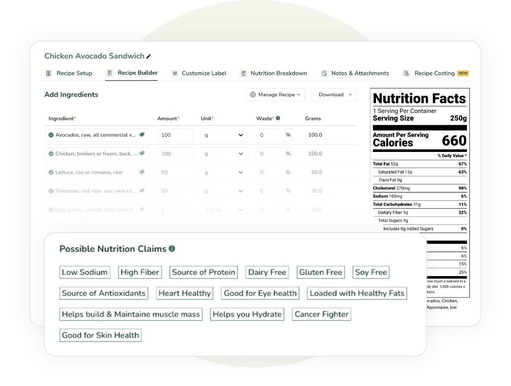 Food Label Maker Recipe Builder showing auto-generated Possible Nutrition Claims tags and 660-calorie Nutrition Facts panel
