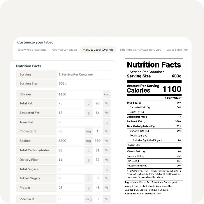 A manual nutrition facts label override dashboard where users can manually add specific nutrition values for calories and nutrients.