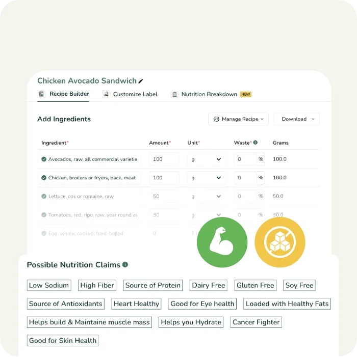 A nutrition claims generator displaying two icons and automated claims like Low Sodium, High Fiber, and Gluten Free. 