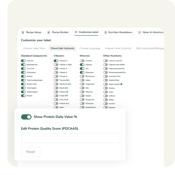 A protein quality adjustment tool allowing users to edit a PDCAAS score and display the corrected protein daily value on their label.