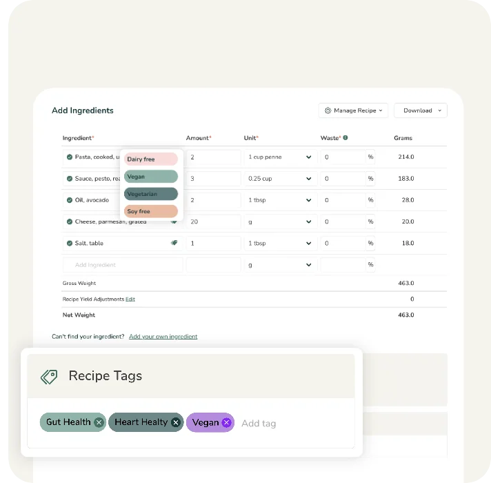 A recipe management interface showing customizable recipe tags such as Vegan, Gut Health, and Heart Healthy.